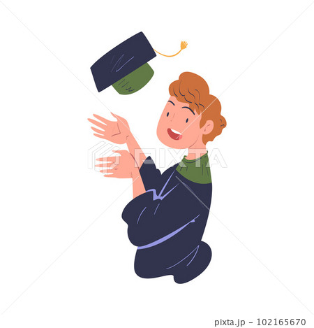 Joyful Man Graduate Character Throwing Academic Cap Up in the Air Rejoicing and Celebrating Successful Exam Vector Illustration 102165670