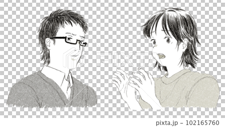 認真聽女人解釋的年輕男人手繪漫畫，可用於傳單等。 102165760