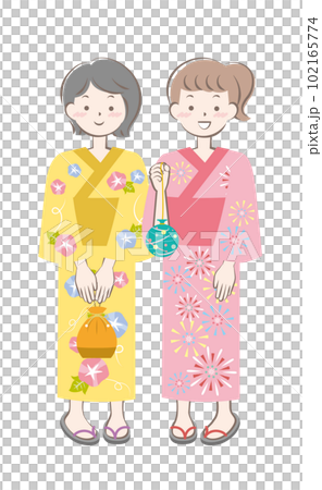 Two young women wearing yukata, women 102165774