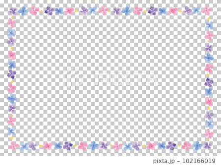 帶紫色、藍色和粉紅色花朵的水彩手繪矩形框 102166019