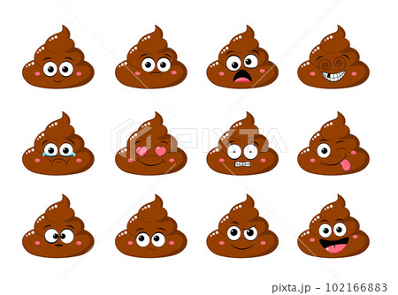 Collection of Cute funny poop with different mood. Set of cartoon poo emoji faces in different expressions - happy, sad, cry, fear, crazy 102166883
