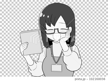 本を持って顔を赤らめる女性　グレー 102168036