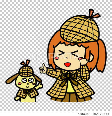 親指を立てている探偵コンビの女の子とイヌのイラスト 102170543