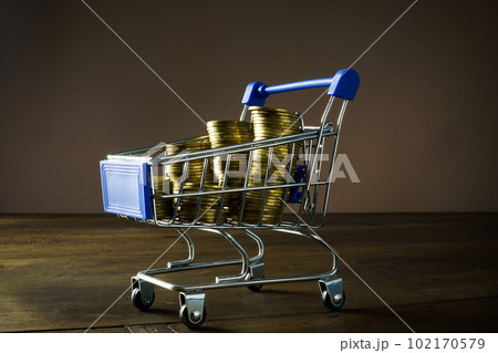 Shopping cart full of coins as a concept payday loan. Shopping cart full of coins as a concept payday loan. 102170579