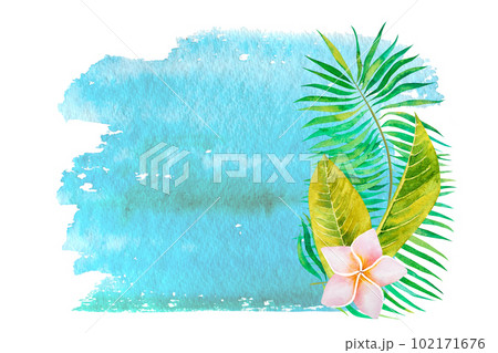 Watercolor illustration of the tropics.tropical leaves and flowers on a colored background. Watercolor illustration of the tropics.tropical leaves and flowers on a colored background. 102171676