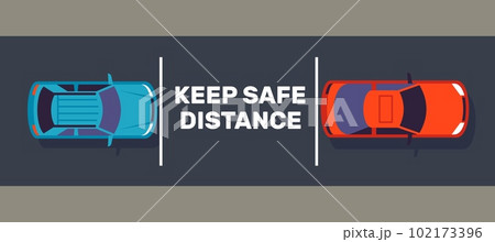 Safe driving, keeping distance between cars. Rules of road and behavior for drivers in city. Safety transportation. Automobile top view. Cartoon flat isolated illustration. Vector concept Safe driving, keeping distance between cars. Rules of road and behavior for drivers in city. Safety transportation. Automobile top view. Cartoon flat isolated illustration. Vector concept 102173396