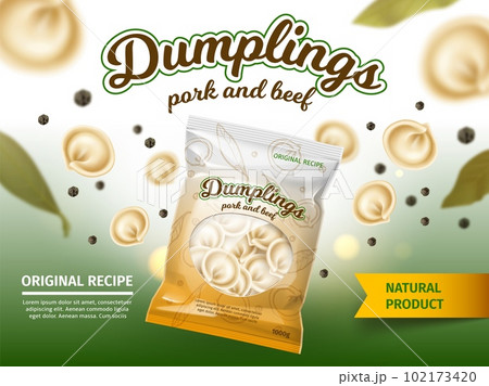 Realistic dumplings poster. Product packaging made of dough with meat filling, flying food with black pepper peas, advertising template, siberian cooking, 3d elements, utter vector concept 102173420