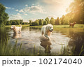 Pack of pet dogs enjoying themselves in dog park with water activities during summer. Created with Generative AI technology. 102174040