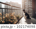 Bored pet dog looking out from balcony of high rise home apartment with morning sun rays, Created with Generative AI technology. 102174098