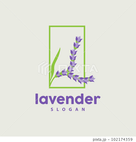 Lavender Logo, Simple Elegant Purple Flower Plant Vector, Greeting Card Design, Banner, Flower Ornament, Lavender Hand Drawn Wedding, Icon Symbol Illustration 102174359