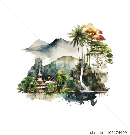 Green scenic landscape thailand watercolor white background for wallpaper design. Summer vacation. Travel background. Blue background. Summer seascape. 102174499