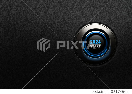 Start button Year 2024 blue glow on black leather background 102174663