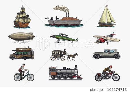 Submarine, boat and car, motorbike, Horse-drawn carriage. Airship or dirigible, air balloon 102174718