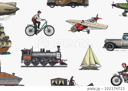 Submarine, boat and car, motorbike, Horse-drawn carriage. Airship or dirigible, air balloon 102174723