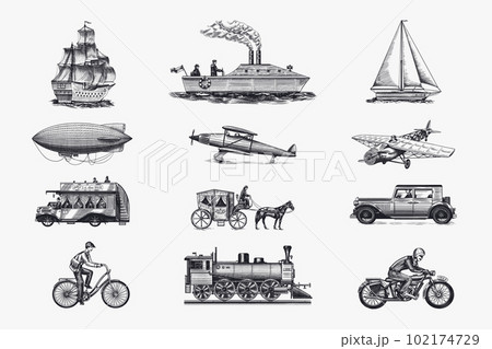 Submarine, boat and car, motorbike, Horse-drawn carriage. Airship or dirigible, air balloon 102174729