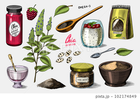 Chia plant and seeds. Salvia hispanica. Spice packaging, wooden spoon and dessert cup and pudding. A 102174849