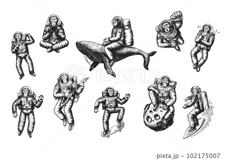 Monkey astronaut with whale, guitar, skateboard and moon. Chimpanzee spaceman cosmonaut characters 102175007