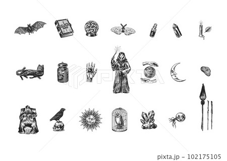 Witch brews a potion in a cauldron. Magic ball, book of spells, black cat, beldam and sorcery, Crow Witch brews a potion in a cauldron. Magic ball, book of spells, black cat, beldam and sorcery, Crow 102175105