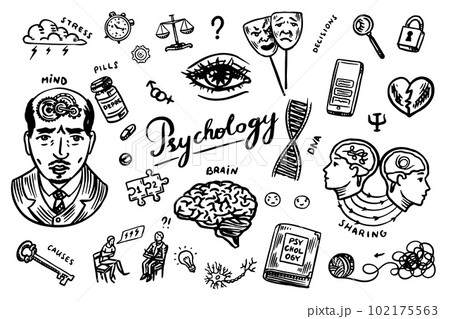 Psychology science symbols. Psychologist online. Clew and dna, puzzle and key. Hand drawn sketch 102175563