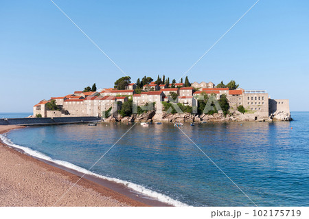 Beautiful summer landscape of Adriatic coast in Budva Riviera with view of Sveti Stefan, Montenegro 102175719