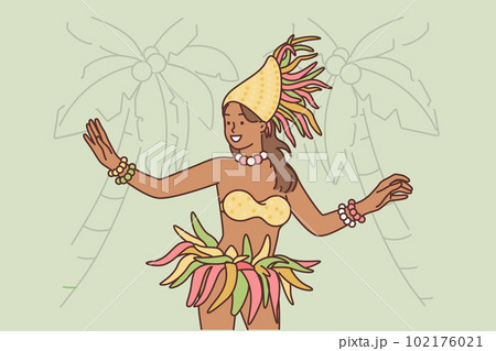 Polynesian woman performs exotic dance to entertain tourists visiting tropical island Polynesian woman performs exotic dance to entertain tourists visiting tropical island 102176021