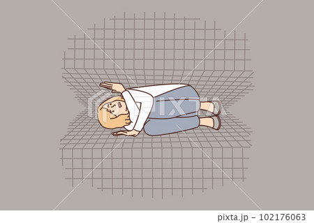 Claustrophobic woman lies between two squeezing walls symbolizing psychological pressure and phobia 102176063