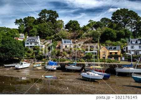 Harbor Of Medieval Village And Artist Enclave Pont Aven At Finistere River Aven In Brittany, France Harbor Of Medieval Village And Artist Enclave Pont Aven At Finistere River Aven In Brittany, France 102176145