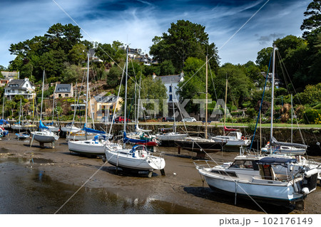 Harbor Of Medieval Village And Artist Enclave Pont Aven At Finistere River Aven In Brittany, France Harbor Of Medieval Village And Artist Enclave Pont Aven At Finistere River Aven In Brittany, France 102176149