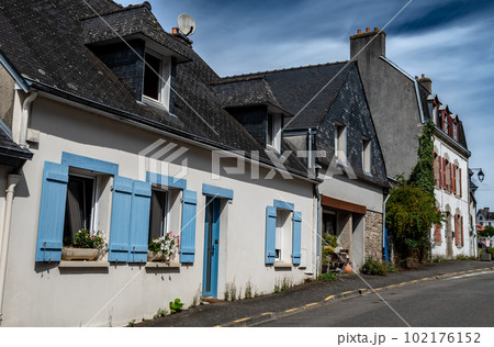 Street In Medieval Village And Artist Enclave Pont Aven At Finistere River Aven In Brittany, France Street In Medieval Village And Artist Enclave Pont Aven At Finistere River Aven In Brittany, France 102176152