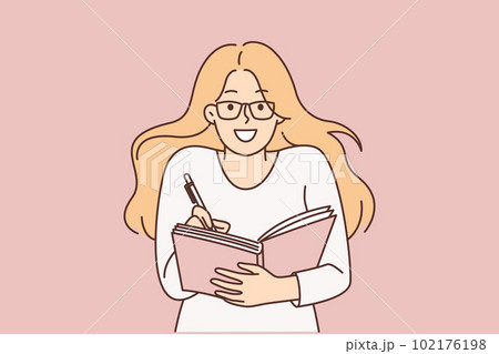 Smart woman student holds pen and notepad writing down lecture or keeping diary with secret desires 102176198