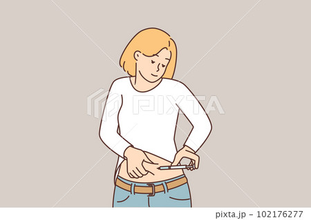 Woman with diabetes uses insulin pen to inject drug to help lower their blood sugar levels 102176277
