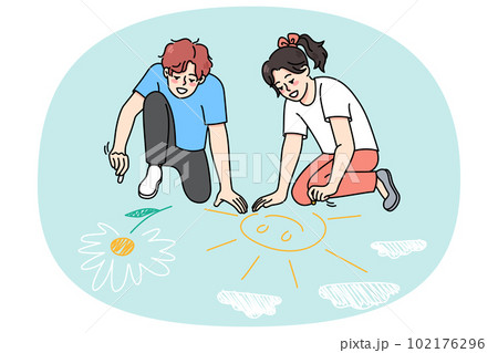 Happy children drawing on asphalt with chalk Happy children drawing on asphalt with chalk 102176296