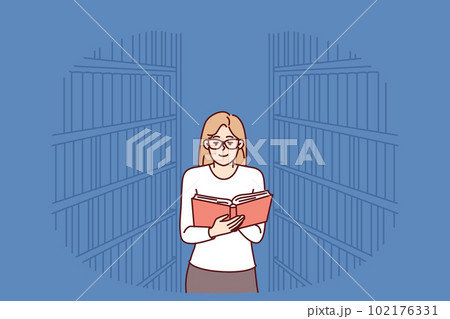 Woman is reading book in library, among shelves with textbooks and looking for right encyclopedia 102176331