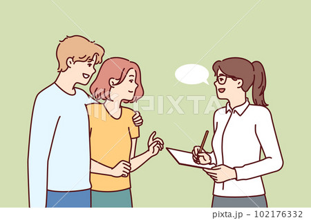 Couple takes social survey answering interviewer questions and evaluating quality of services Couple takes social survey answering interviewer questions and evaluating quality of services 102176332