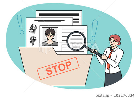 Businesswoman explore applicant cv with magnifier Businesswoman explore applicant cv with magnifier 102176334