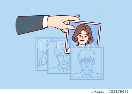 Hand of recruiter making selection of employees for company assembling team in HR division Hand of recruiter making selection of employees for company assembling team in HR division 102176451