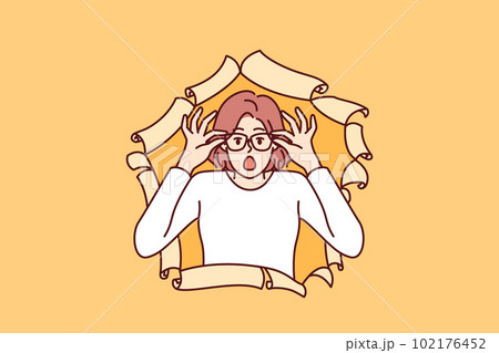 Shocked woman peeks out of torn paper and yells wow sees incredible promotional offer Shocked woman peeks out of torn paper and yells wow sees incredible promotional offer 102176452