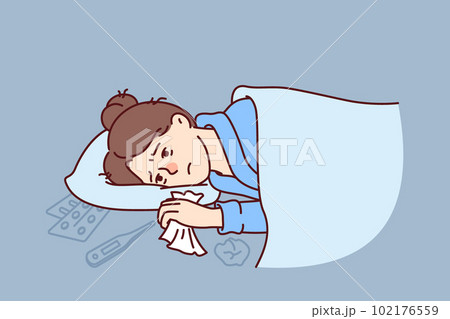 Woman sick with flu lies under blanket with handkerchief in hand near thermometer and medicines Woman sick with flu lies under blanket with handkerchief in hand near thermometer and medicines 102176559