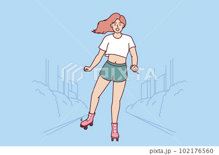 Woman uses roller skates to ride around city and breathe fresh air on hot summer day Woman uses roller skates to ride around city and breathe fresh air on hot summer day 102176560