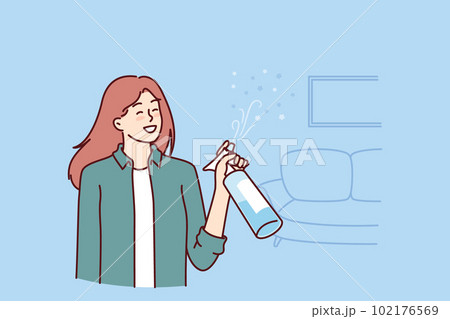Woman uses air freshener to get rid of unpleasant smell in apartment after cleaning 102176569