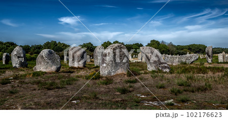 Ancient Stone Field Alignements De Menhir Carnac With Neolithic Megaliths In Brittany, France Ancient Stone Field Alignements De Menhir Carnac With Neolithic Megaliths In Brittany, France 102176623