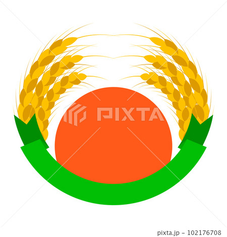 Wheat ears logo with sun and ribbon. Round shapes. Green, orange, golden, yellow colors. Emblem, icon. Isolated vector illustration.  102176708