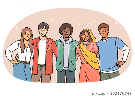 Multicultural smiling friends pose hug together Multicultural smiling friends pose hug together 102176742