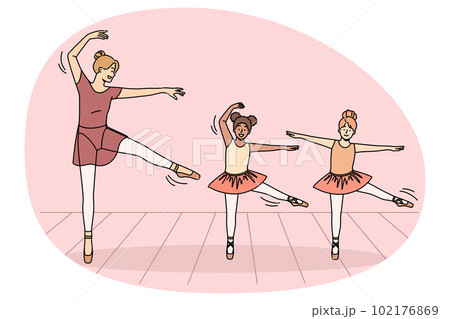 Ballet teacher and little girls dance together 102176869