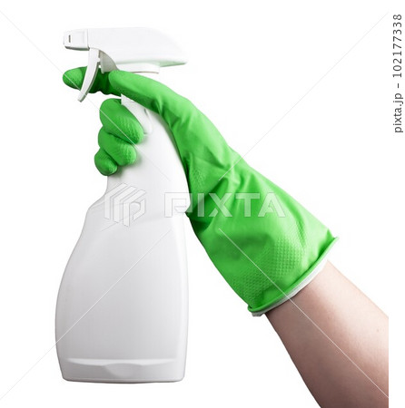 Hand in green glove holding spray bottle mockup, liquid chemical in blank package mock up isolated on white background 102177338