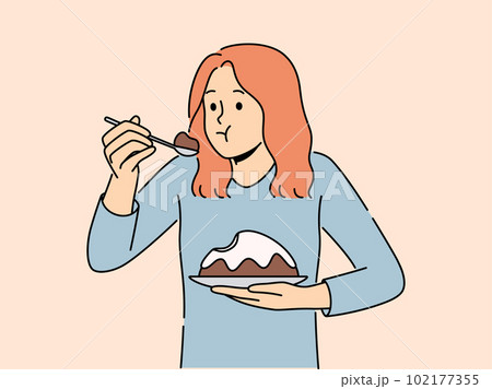 Woman feel guilty eating cake Woman feel guilty eating cake 102177355