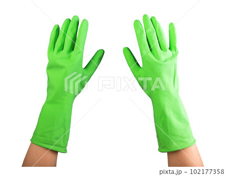 Hands of cleaner in green rubber protective gloves isolated on white background 102177358