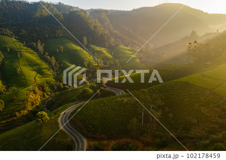 Aerial Drone View of Scenery Road Through Mountains Hills and Green Tea Plantations. Aerial Drone View of Scenery Road Through Mountains Hills and Green Tea Plantations. 102178459