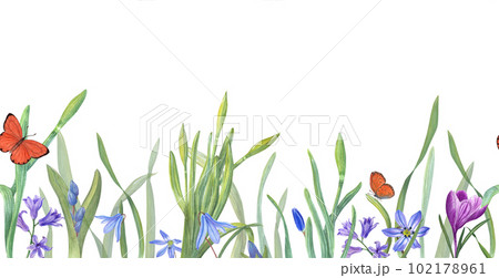 Floral seamless horizontal border with scillas, daffodils, hyacinths, crocuses, butterflies isolated on white background. Panoramic spring illustration for fabric, textile, wrapping, banners, covers. Floral seamless horizontal border with scillas, daffodils, hyacinths, crocuses, butterflies isolated on white background. Panoramic spring illustration for fabric, textile, wrapping, banners, covers. 102178961