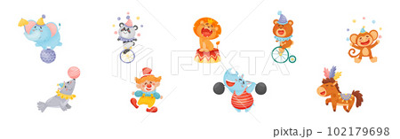 Amusing Circus Animal Performing Trick and Stunt Vector Illustration Set 102179698